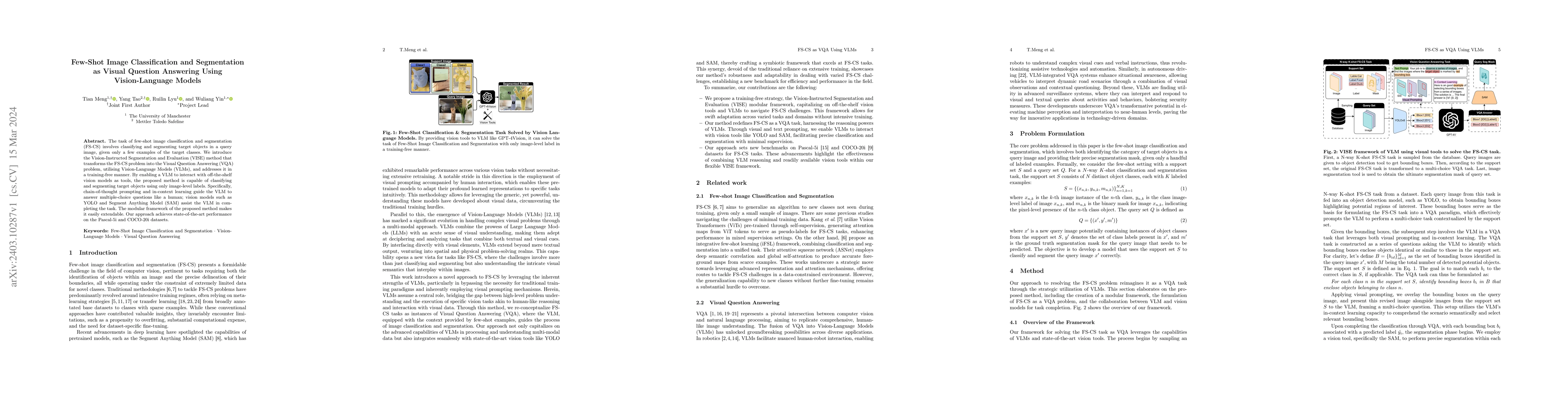 Thumbnail for Few-Shot Image Classification and Segmentation as Visual Question
  Answering Using Vision-Language Models