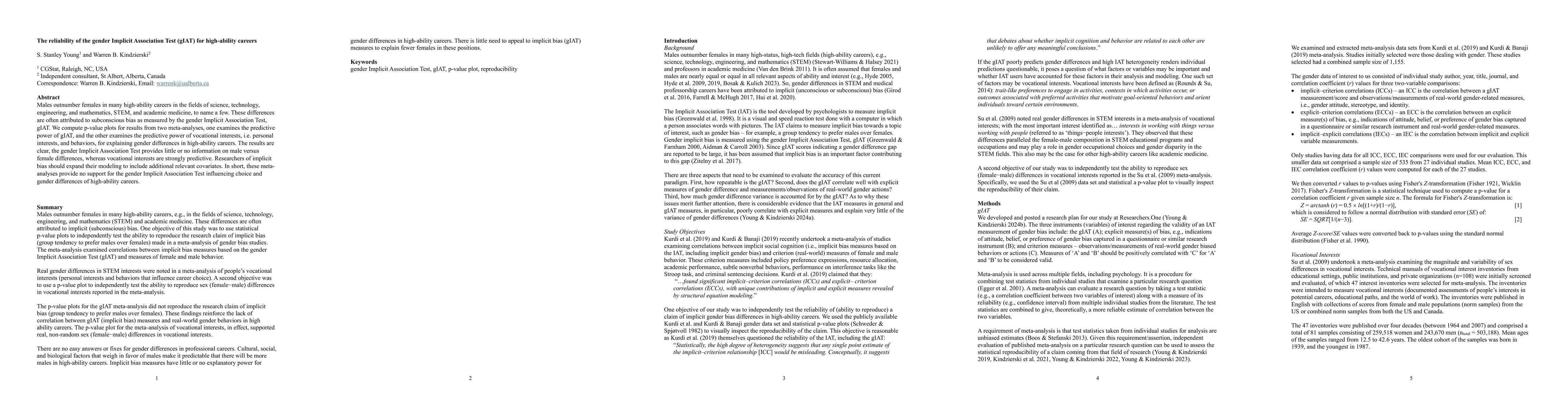Thumbnail for The reliability of the gender Implicit Association Test (gIAT) for
  high-ability careers
