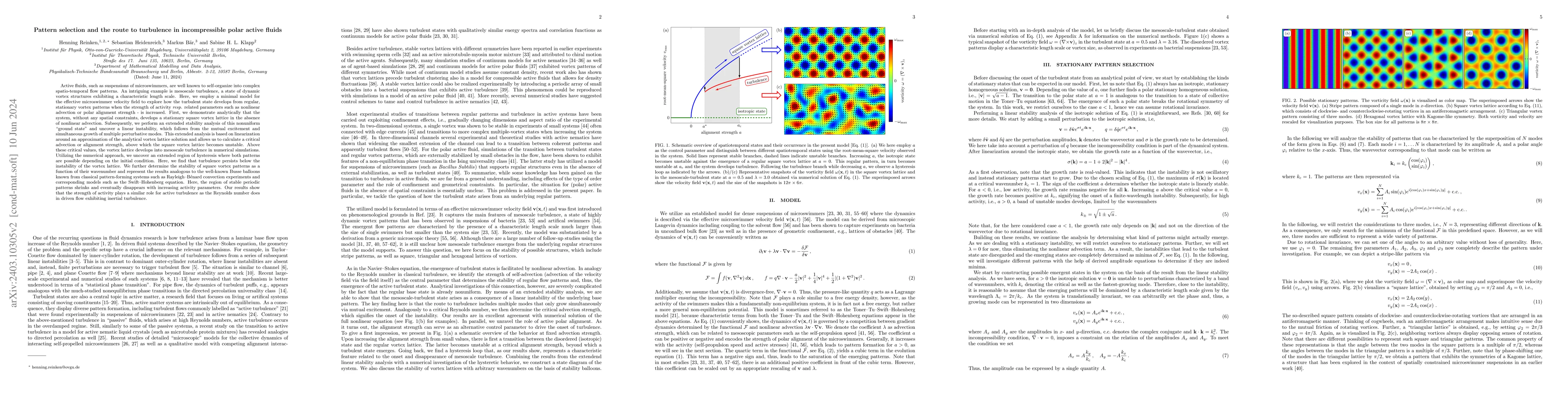 Thumbnail for Pattern selection and the route to turbulence in incompressible polar
  active fluids