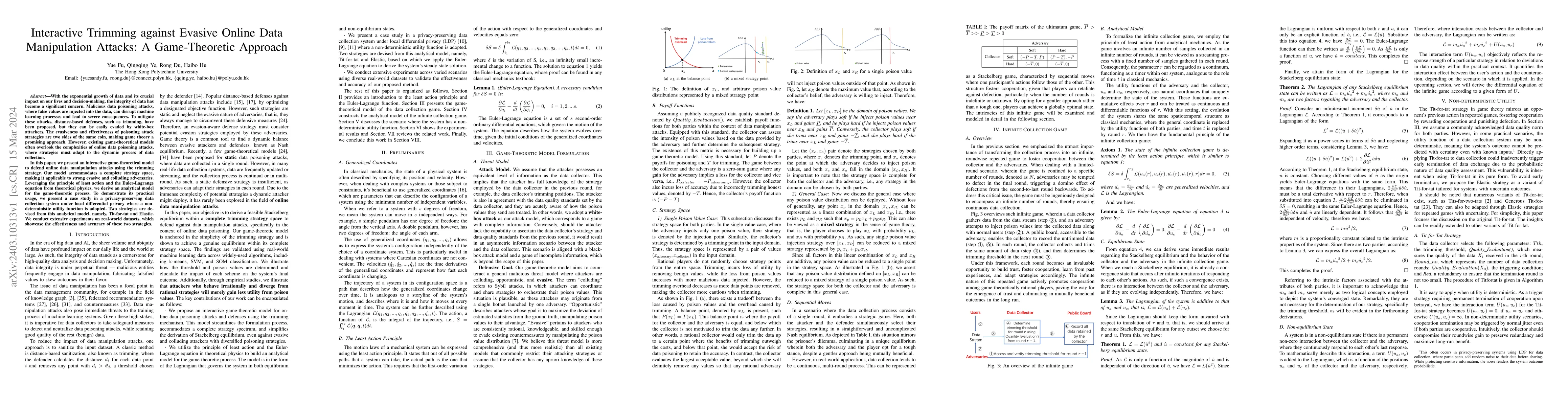 Thumbnail for Interactive Trimming against Evasive Online Data Manipulation Attacks: A
  Game-Theoretic Approach