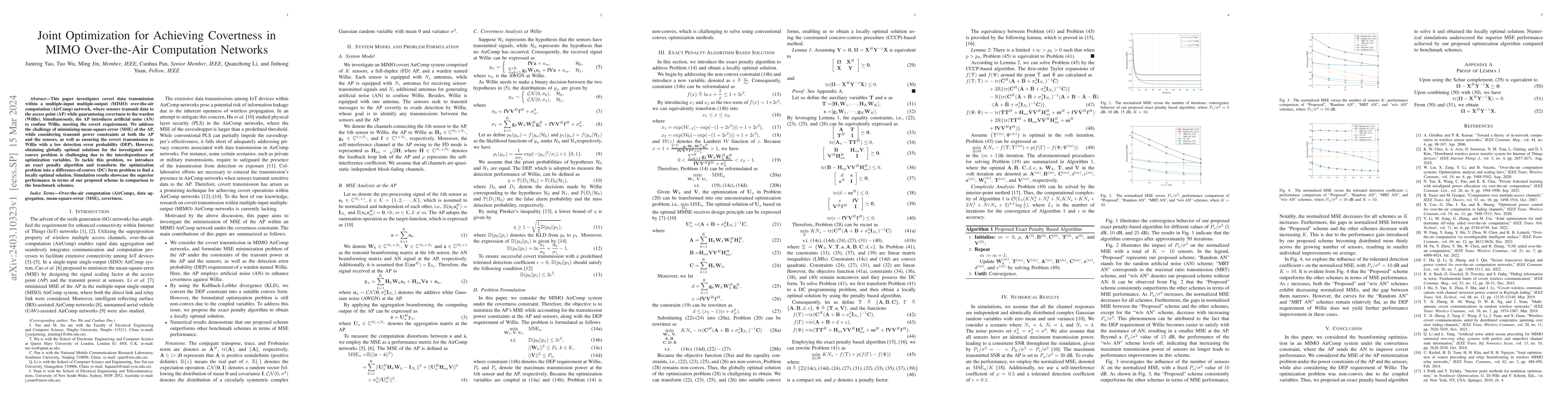 Thumbnail for Joint Optimization for Achieving Covertness in MIMO Over-the-Air
  Computation Networks
