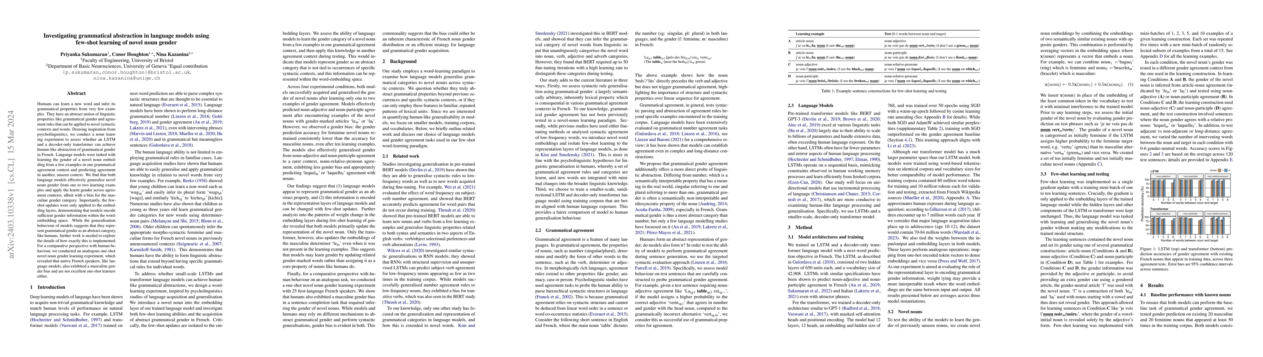 Thumbnail for Investigating grammatical abstraction in language models using few-shot
  learning of novel noun gender