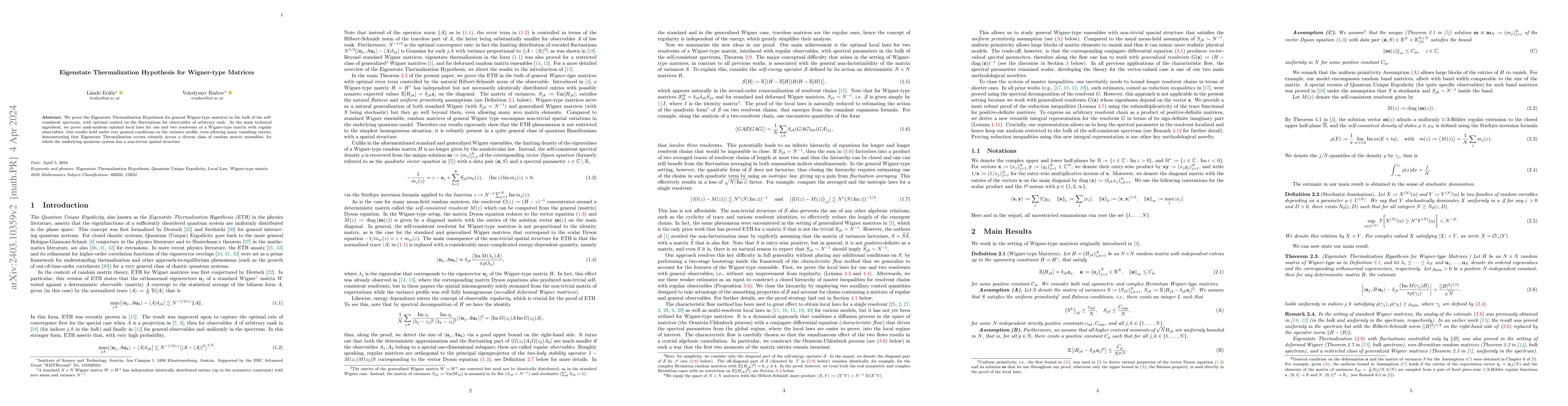 Thumbnail for Eigenstate Thermalization Hypothesis for Wigner-type Matrices