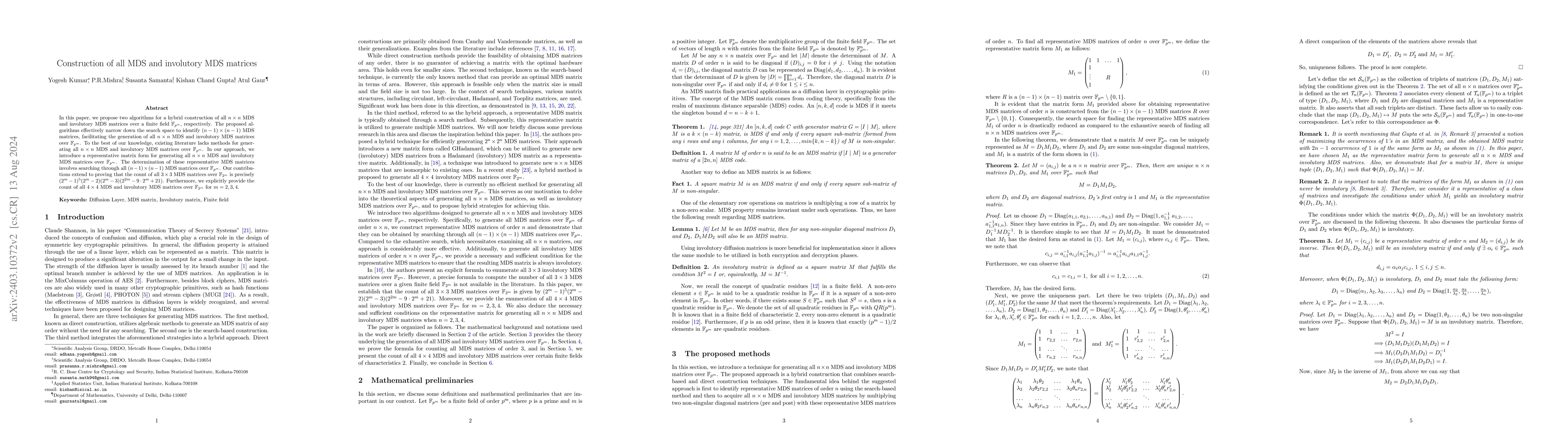 Thumbnail for Construction of all MDS and involutory MDS matrices