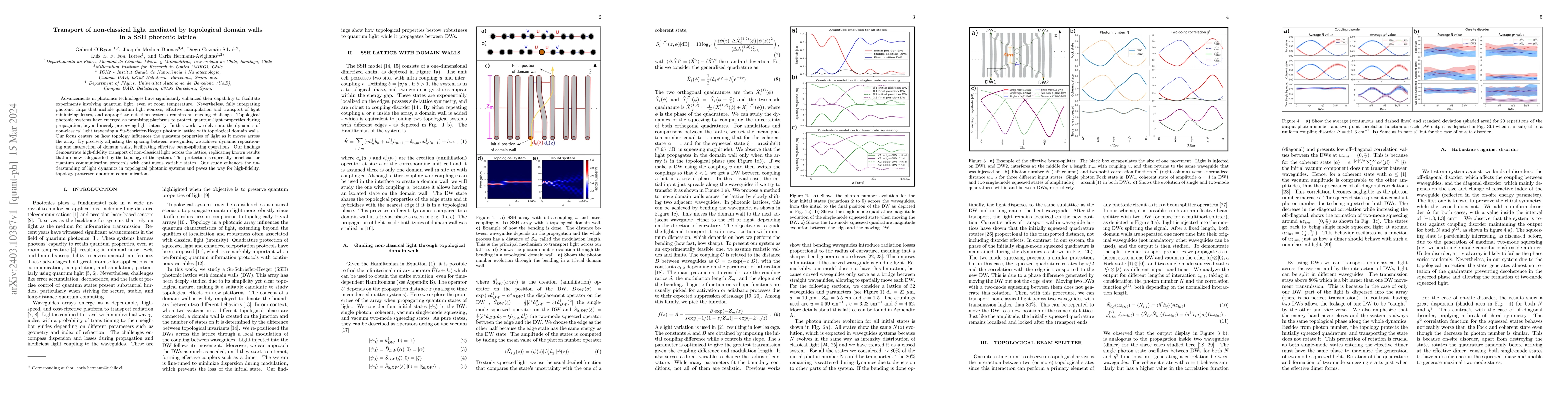 Thumbnail for Transport of non-classical light mediated by topological domain walls in
  a SSH photonic lattice