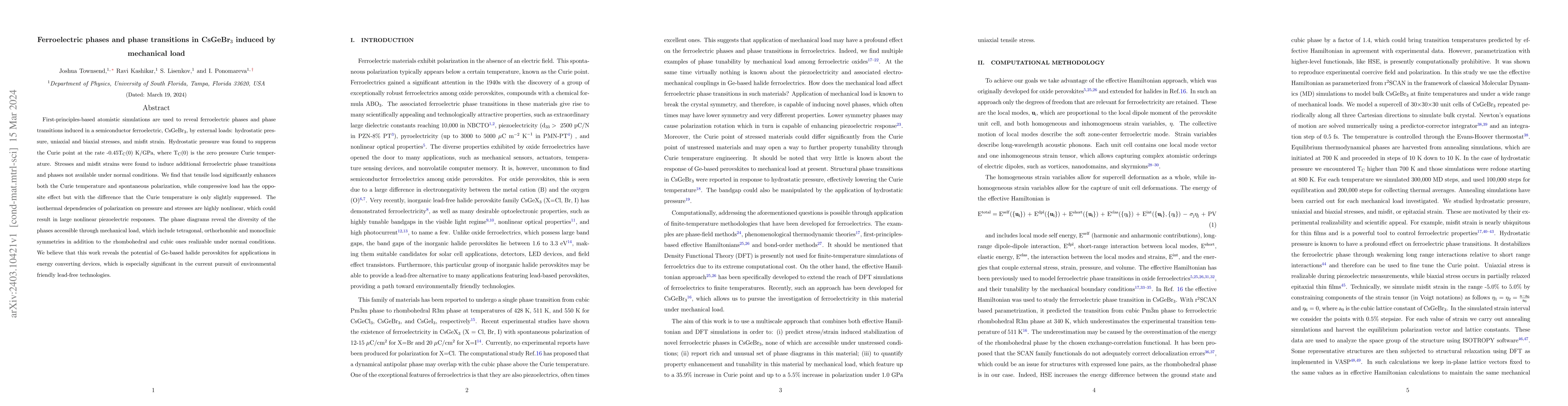 Thumbnail for Ferroelectric phases and phase transitions in CsGeBr$_3$ induced by
  mechanical load