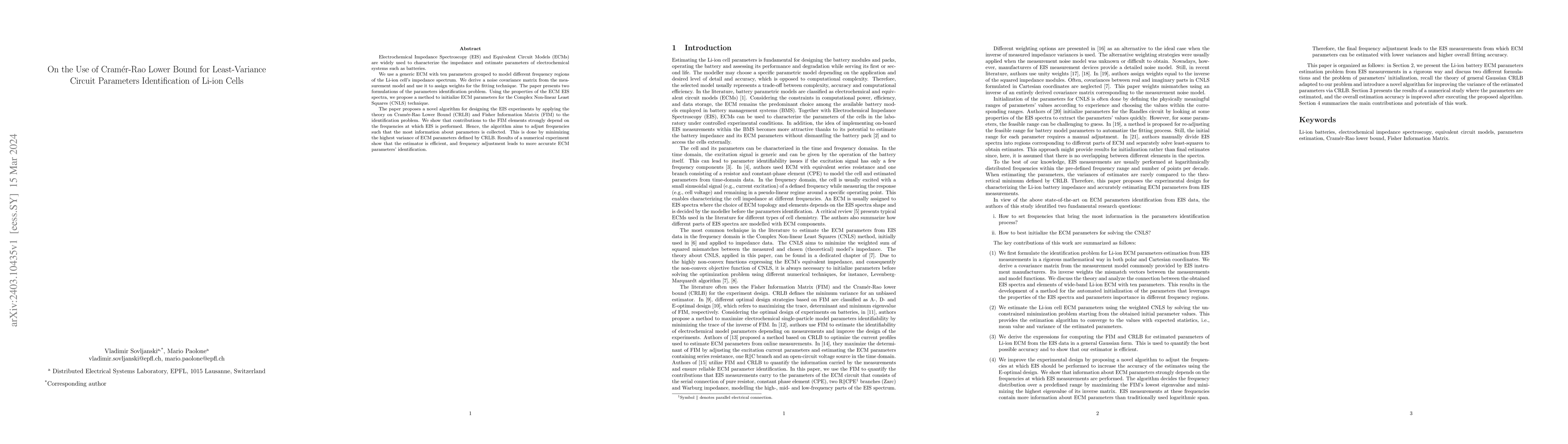 Thumbnail for On the Use of Cramer-Rao Lower Bound for Least-Variance Circuit
  Parameters Identification of Li-ion Cells