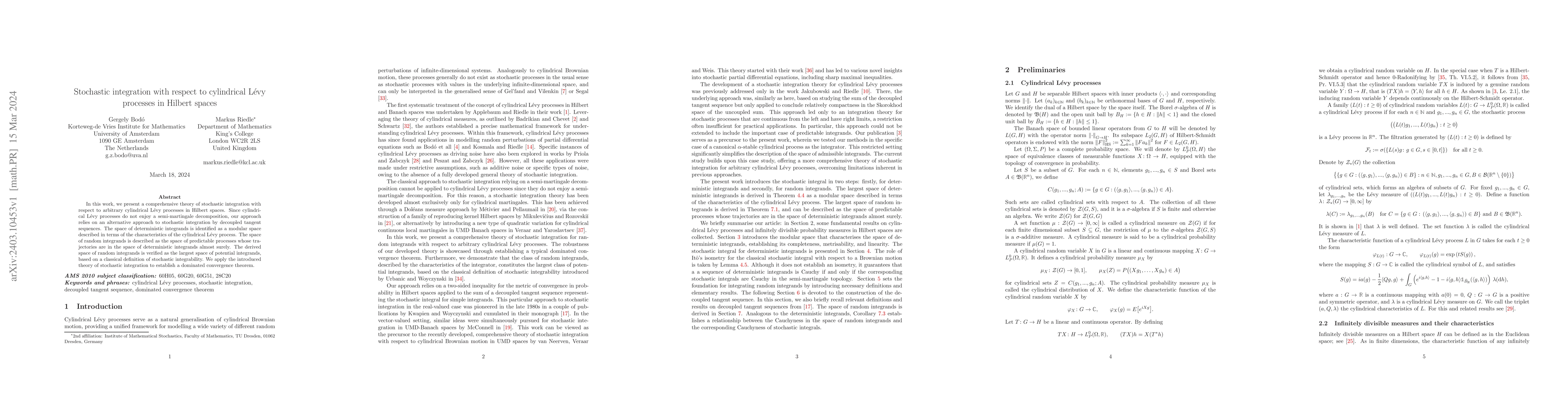 Thumbnail for Stochastic integration with respect to cylindrical L\'evy processes in
  Hilbert spaces