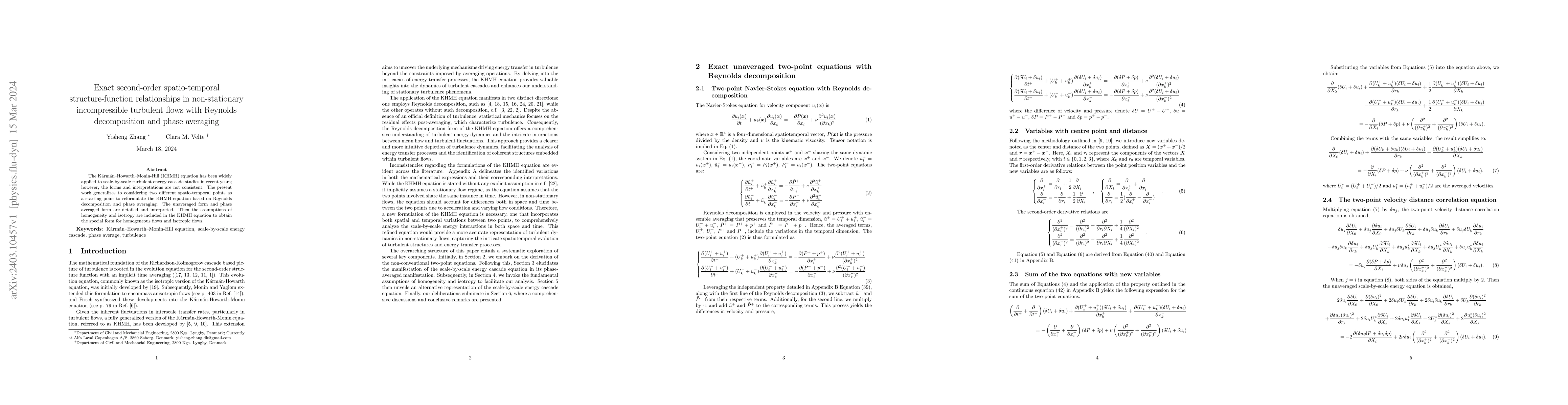 Thumbnail for Exact second-order spatio-temporal structure-function relationships in
  non-stationary incompressible turbulent flows with Reynolds decomposition and
  phase averaging