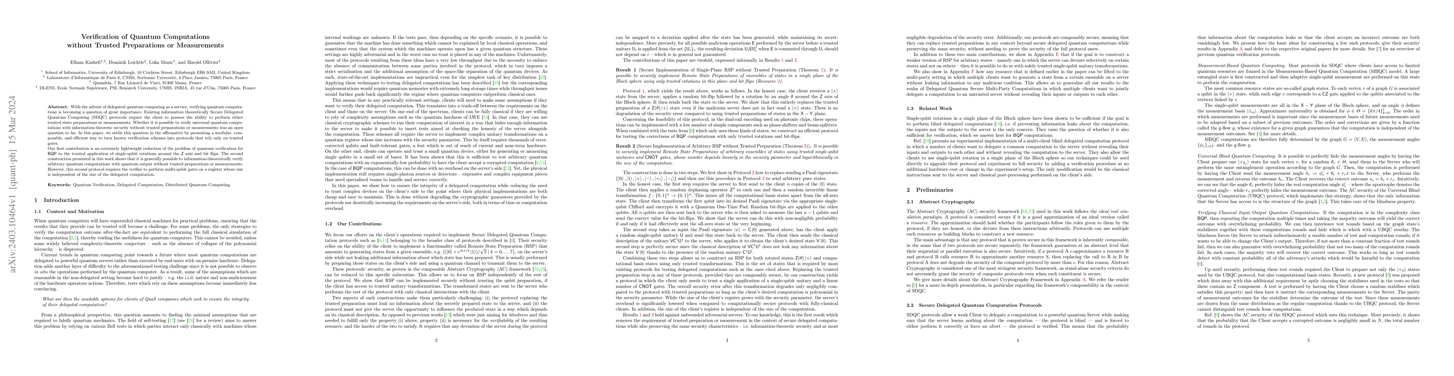 Thumbnail for Verification of Quantum Computations without Trusted Preparations or
  Measurements
