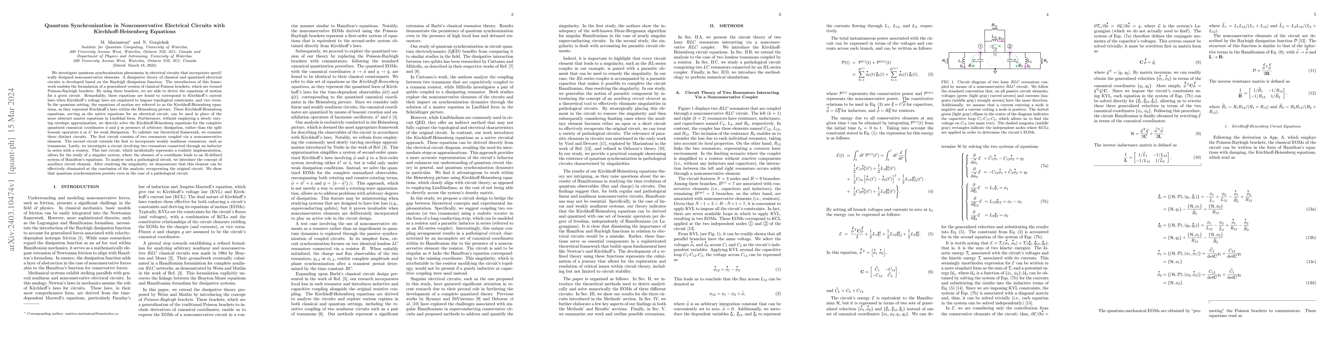 Thumbnail for Quantum Synchronization in Nonconservative Electrical Circuits with
  Kirchhoff-Heisenberg Equations