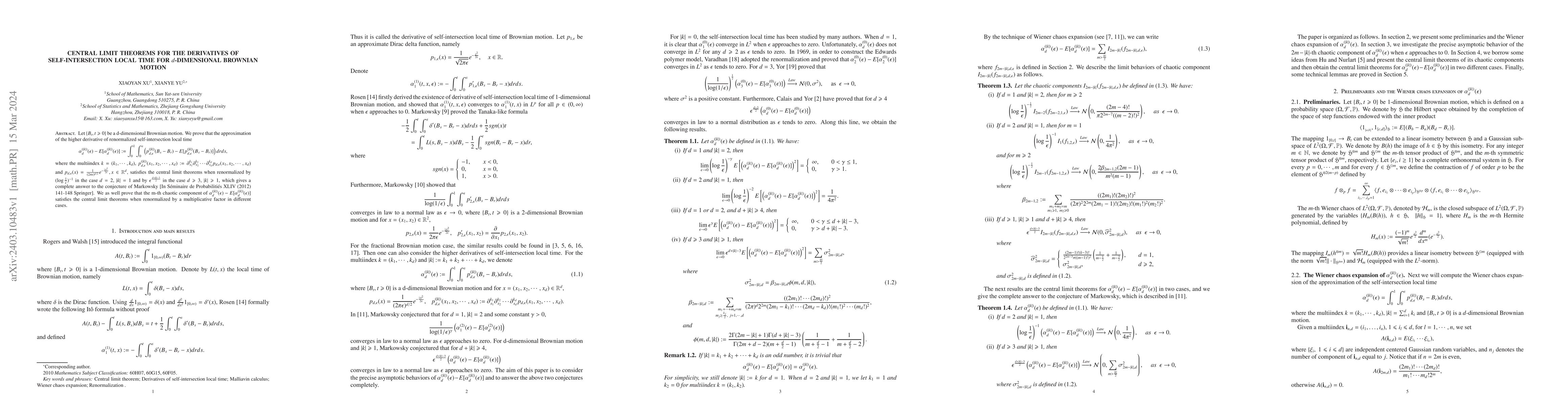 Thumbnail for Central limit theorems for the derivatives of self-intersection local
  time for $d$-dimensional Brownian motion