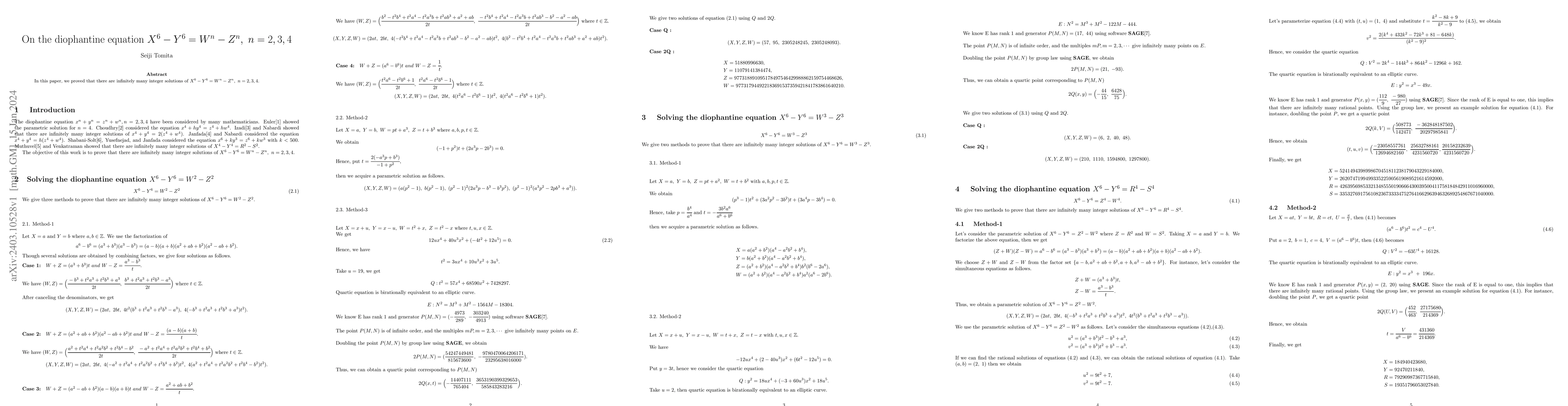 Thumbnail for On the diophantine equation $X^6-Y^6 = W^n-Z^n, n=2,3,4$