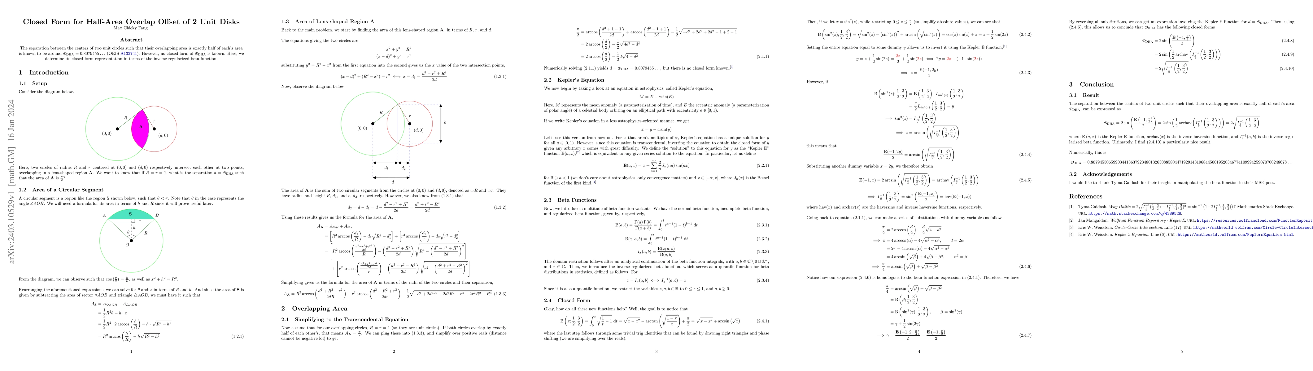 Thumbnail for Closed Form for Half-Area Overlap Offset of 2 Unit Disks