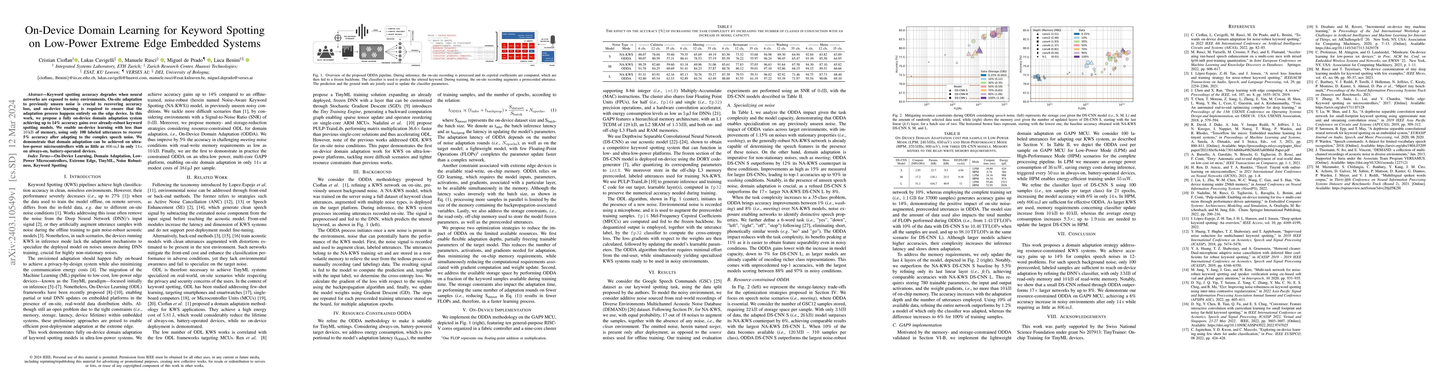 Thumbnail for On-Device Domain Learning for Keyword Spotting on Low-Power Extreme Edge
  Embedded Systems