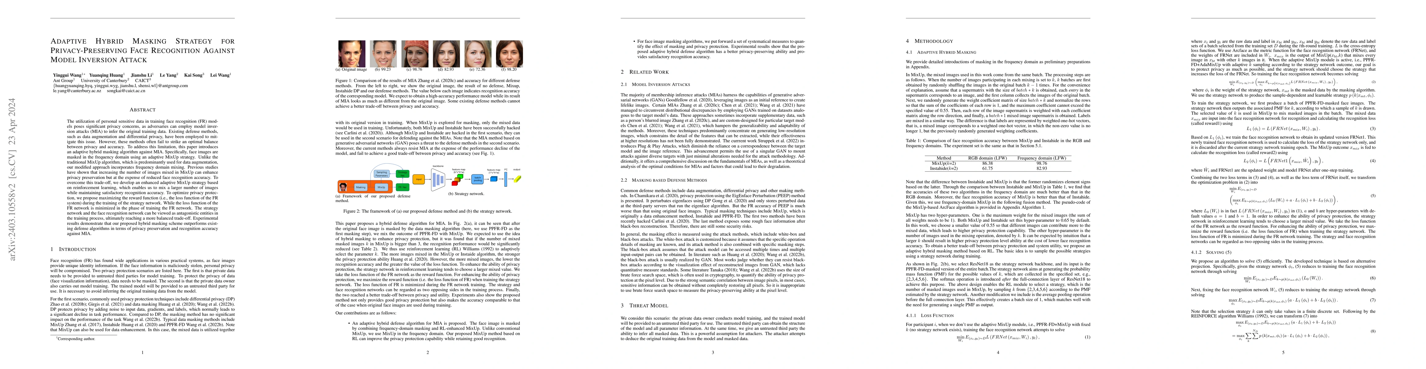 Thumbnail for Adaptive Hybrid Masking Strategy for Privacy-Preserving Face Recognition
  Against Model Inversion Attack