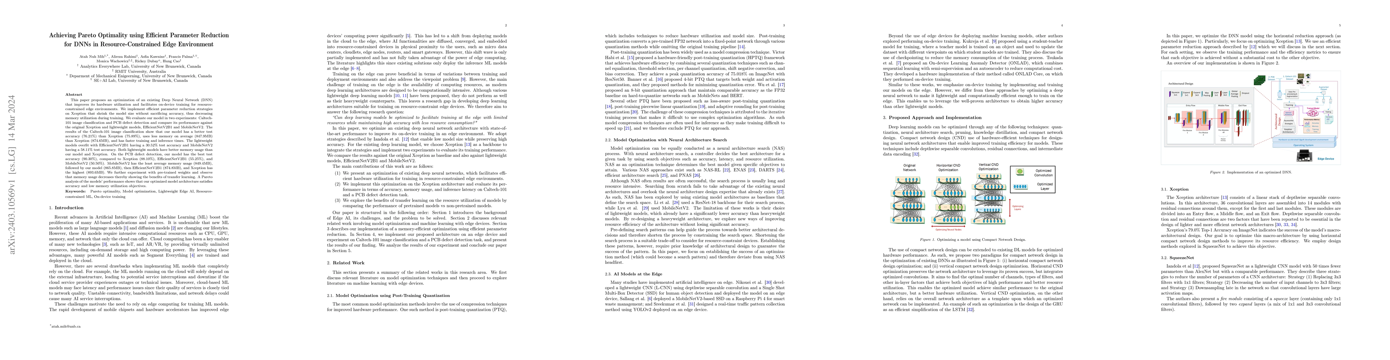 Thumbnail for Achieving Pareto Optimality using Efficient Parameter Reduction for DNNs
  in Resource-Constrained Edge Environment