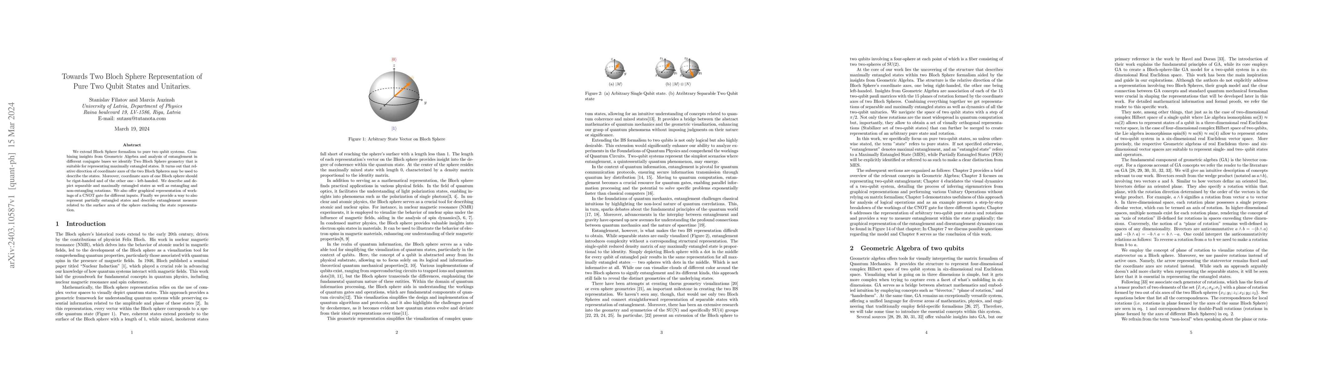 Thumbnail for Towards Two Bloch Sphere Representation of Pure Two Qubit States and
  Unitaries