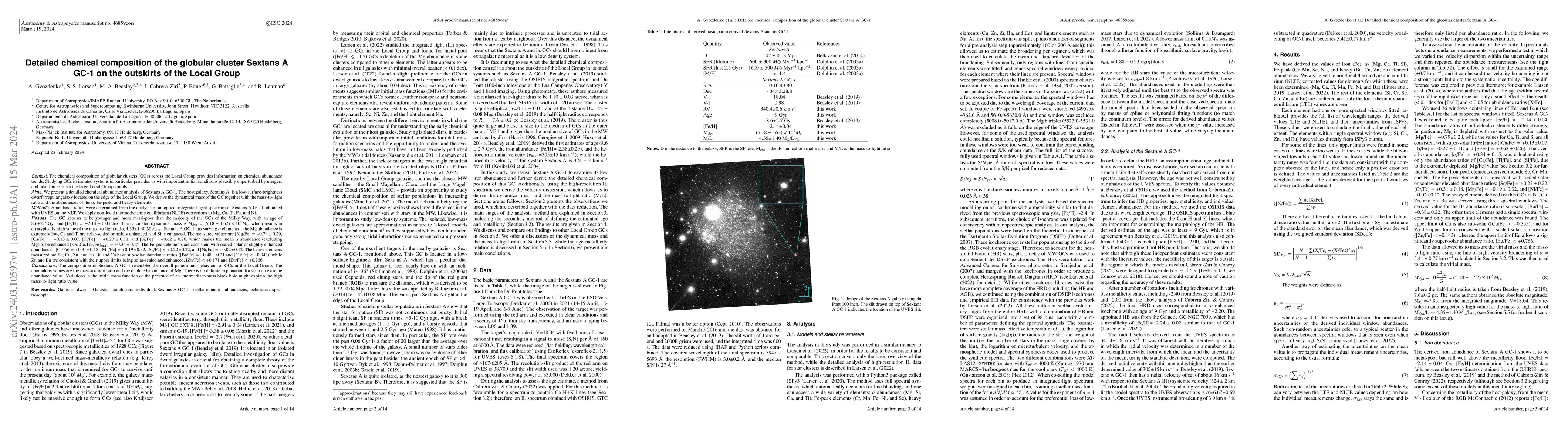 Thumbnail for Detailed chemical composition of the globular cluster Sextans A GC-1 on
  the outskirts of the Local Group