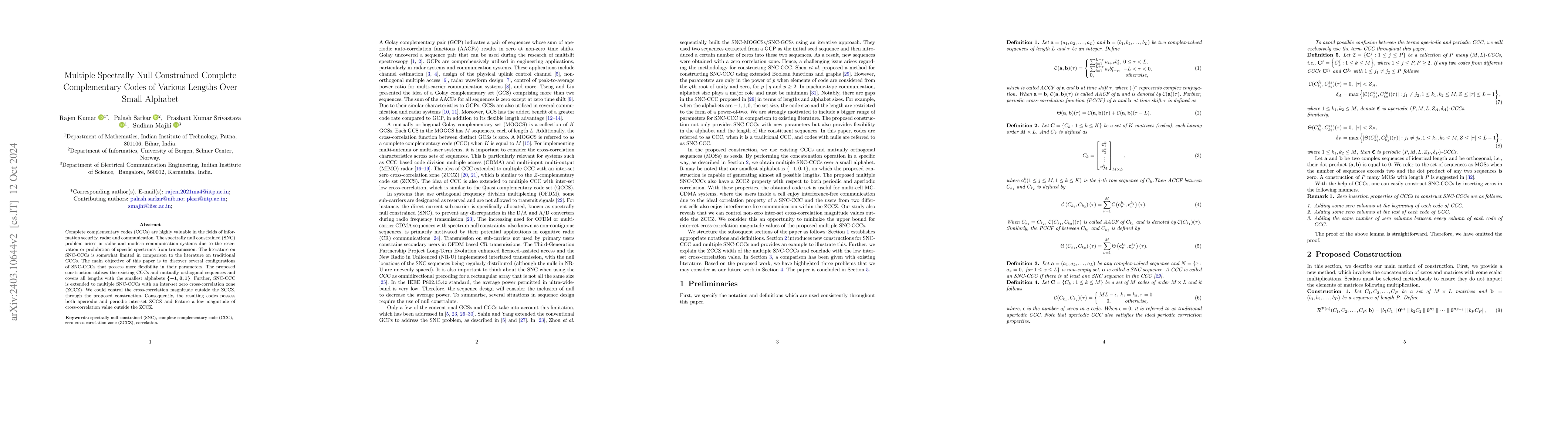 Thumbnail for Multiple Spectrally Null Constrained Complete Complementary Codes of
  Various Lengths Over Small Alphabet