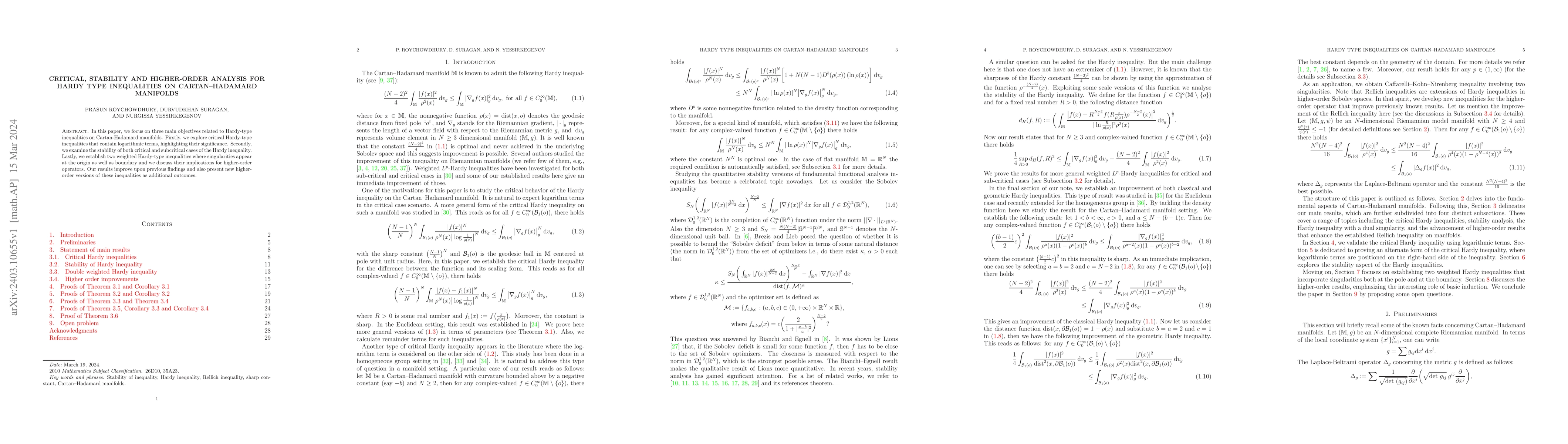 Thumbnail for Critical, stability and higher-order analysis for Hardy type
  inequalities on Cartan-Hadamard manifolds