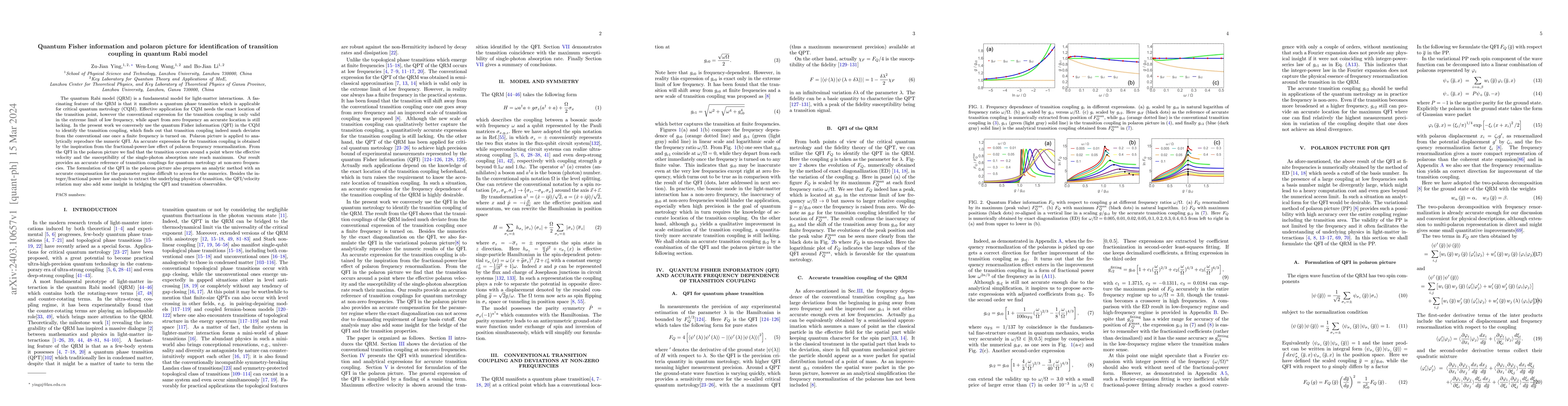 Thumbnail for Quantum Fisher information and polaron picture for identification of
  transition coupling in quantum Rabi model