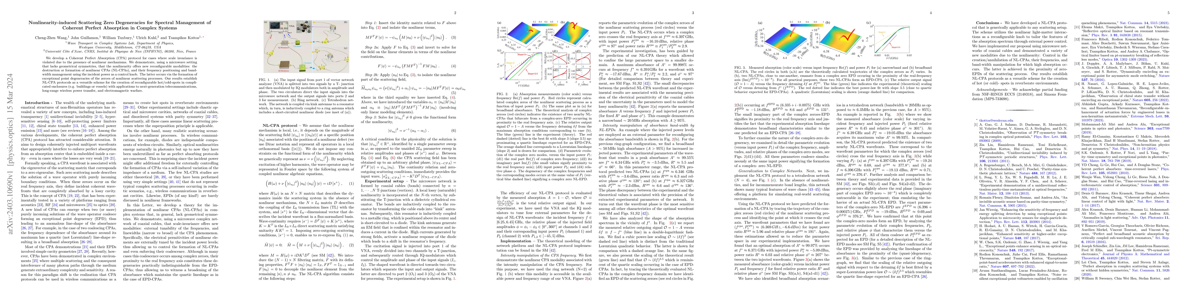 Thumbnail for Nonlinearity-induced Scattering Zero Degeneracies for Spectral
  Management of Coherent Perfect Absorption in Complex Systems