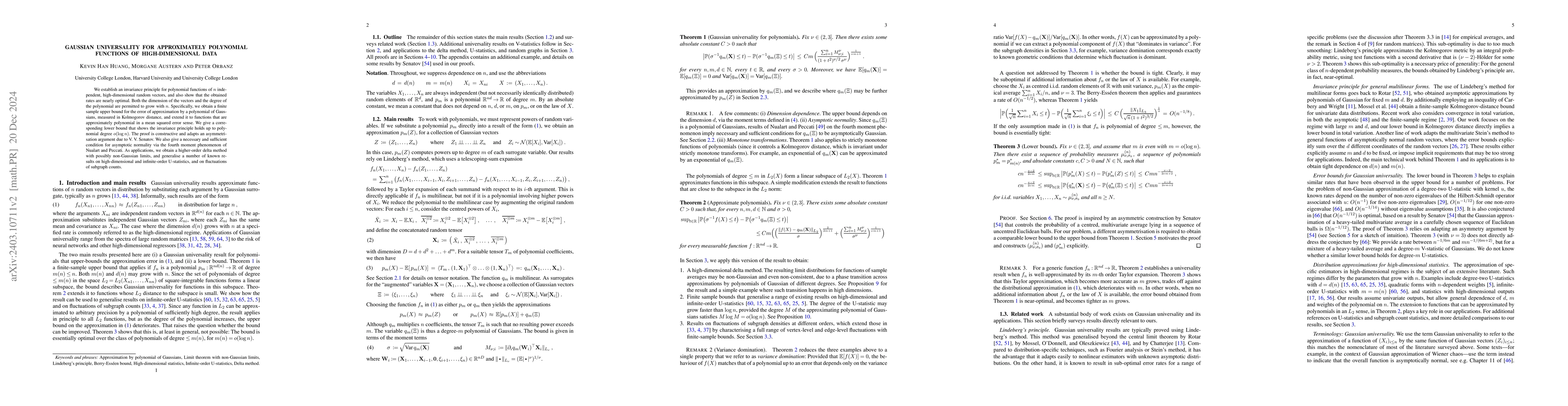Thumbnail for Gaussian universality for approximately polynomial functions of
  high-dimensional data