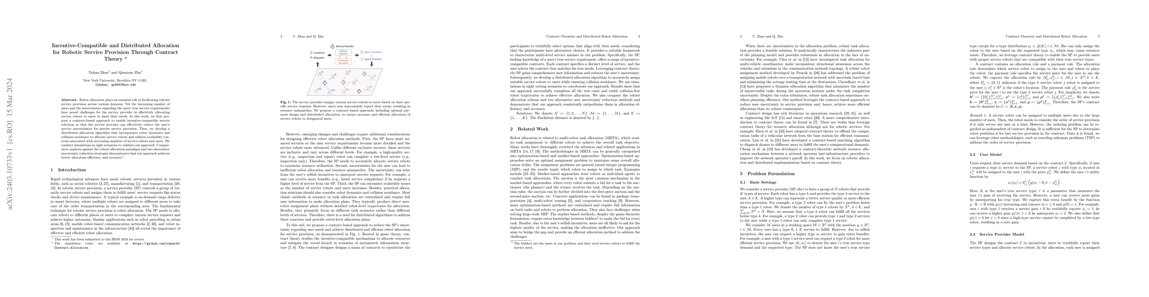 Thumbnail for Incentive-Compatible and Distributed Allocation for Robotic Service
  Provision Through Contract Theory