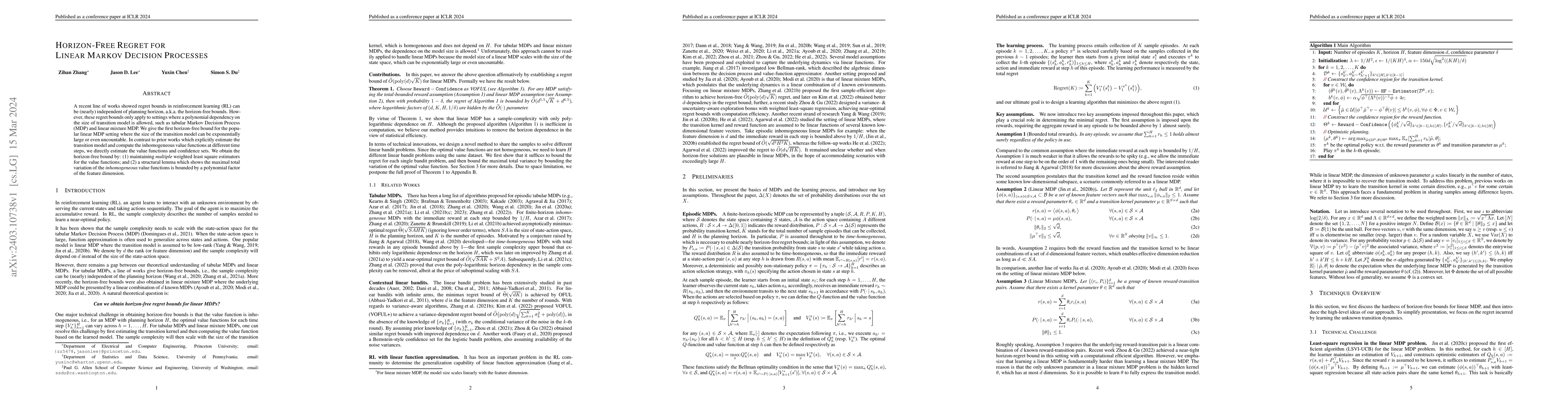 Thumbnail for Horizon-Free Regret for Linear Markov Decision Processes
