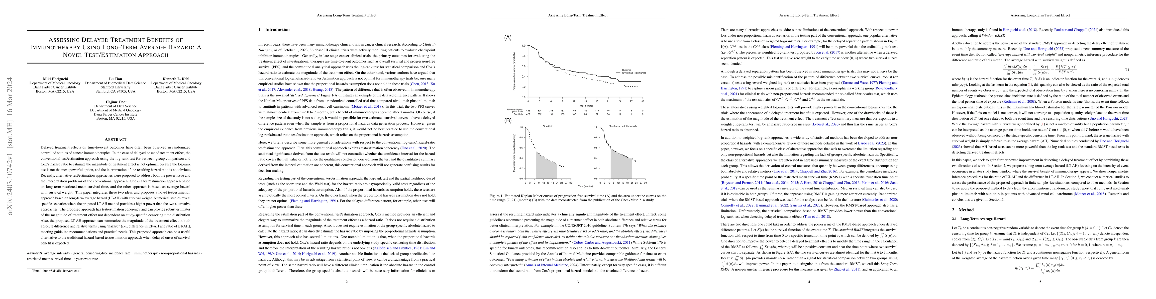 Thumbnail for Assessing Delayed Treatment Benefits of Immunotherapy Using Long-Term
  Average Hazard: A Novel Test/Estimation Approach