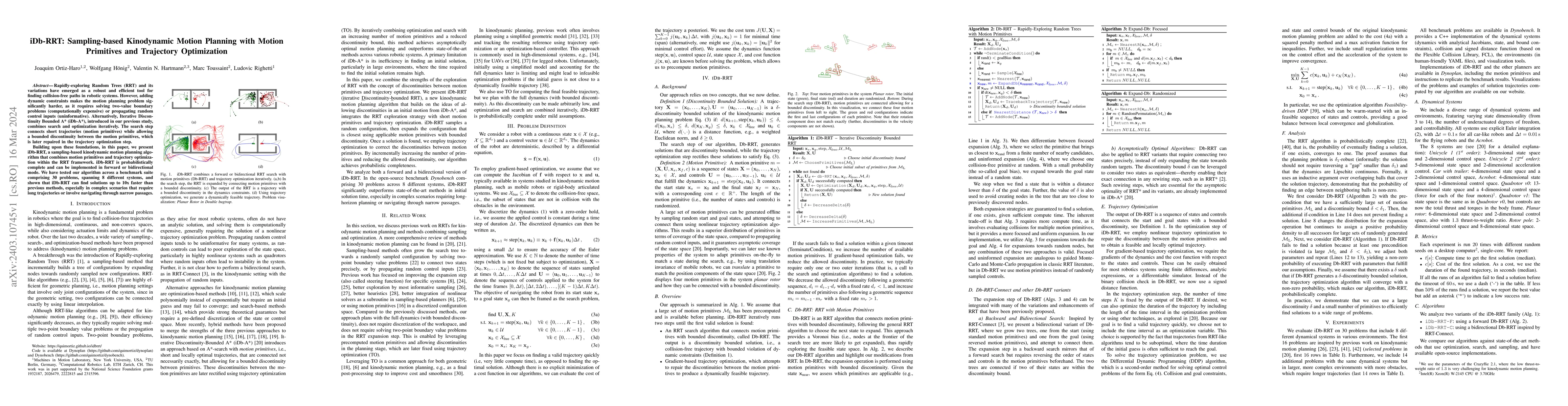 Thumbnail for iDb-RRT: Sampling-based Kinodynamic Motion Planning with Motion
  Primitives and Trajectory Optimization