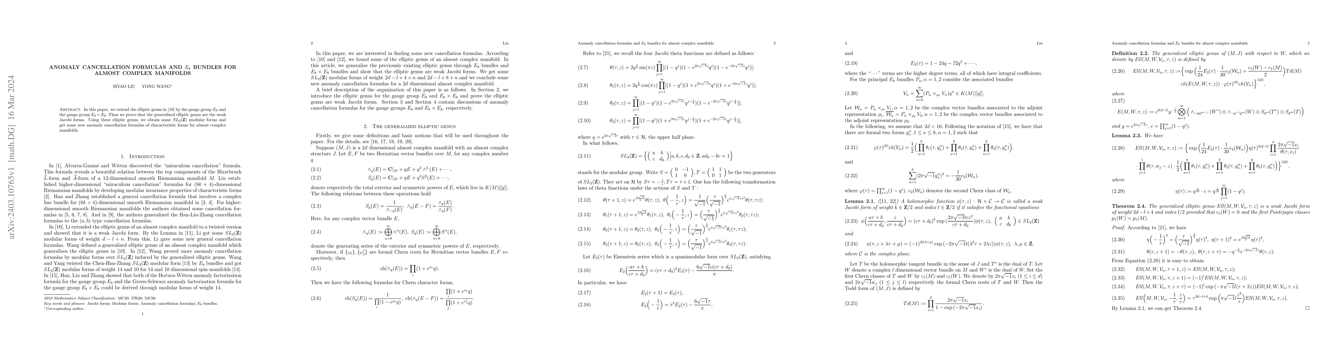 Thumbnail for Anomaly cancellation formulas and E_8 bundles for almost complex
  manifolds