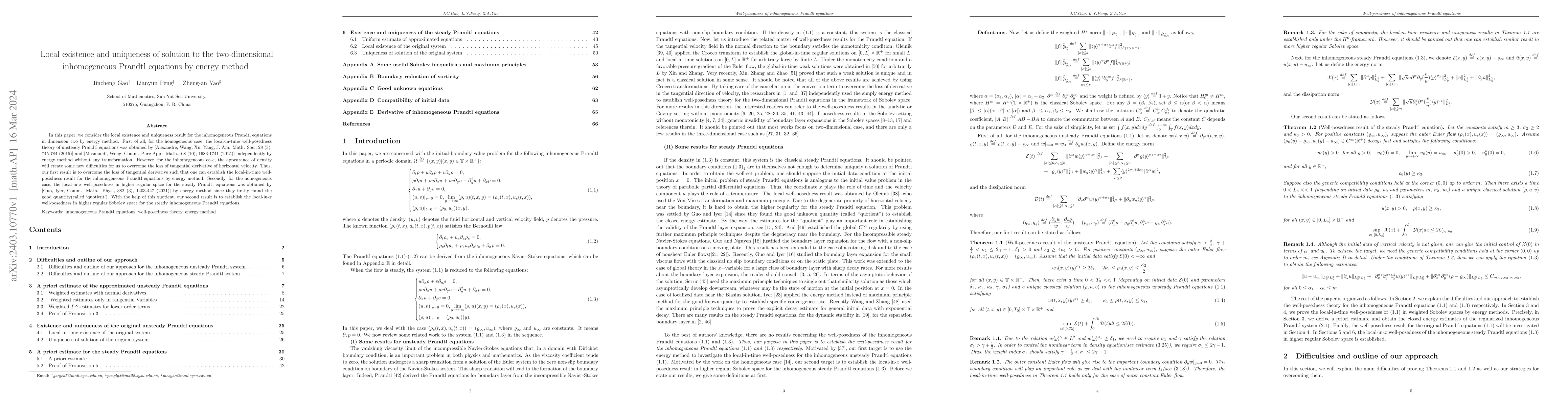 Thumbnail for Local existence and uniqueness of solution to the two-dimensional
  inhomogeneous Prandtl equations by energy method