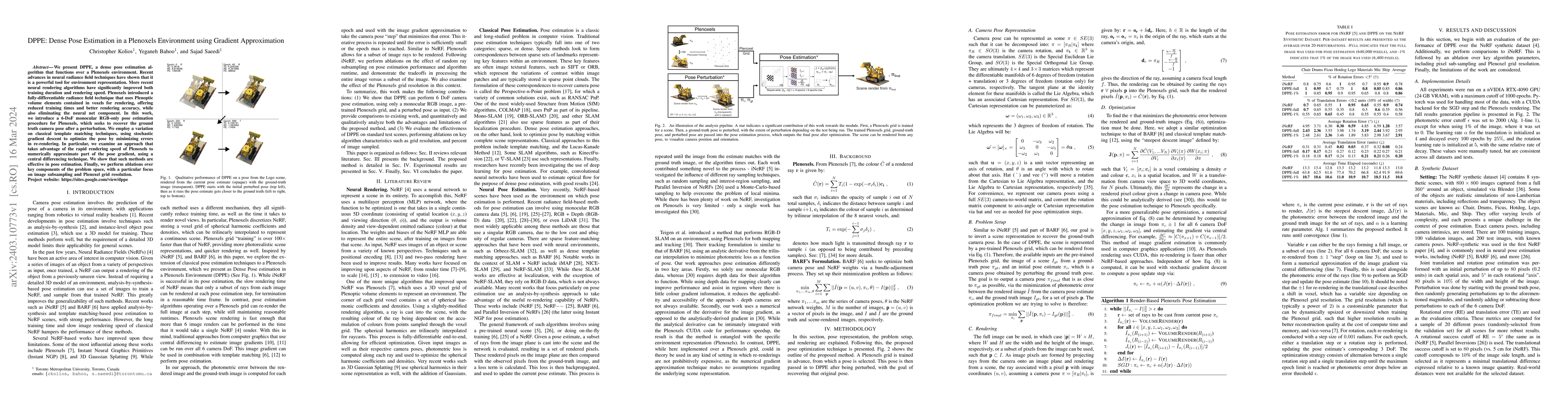 Thumbnail for DPPE: Dense Pose Estimation in a Plenoxels Environment using Gradient
  Approximation