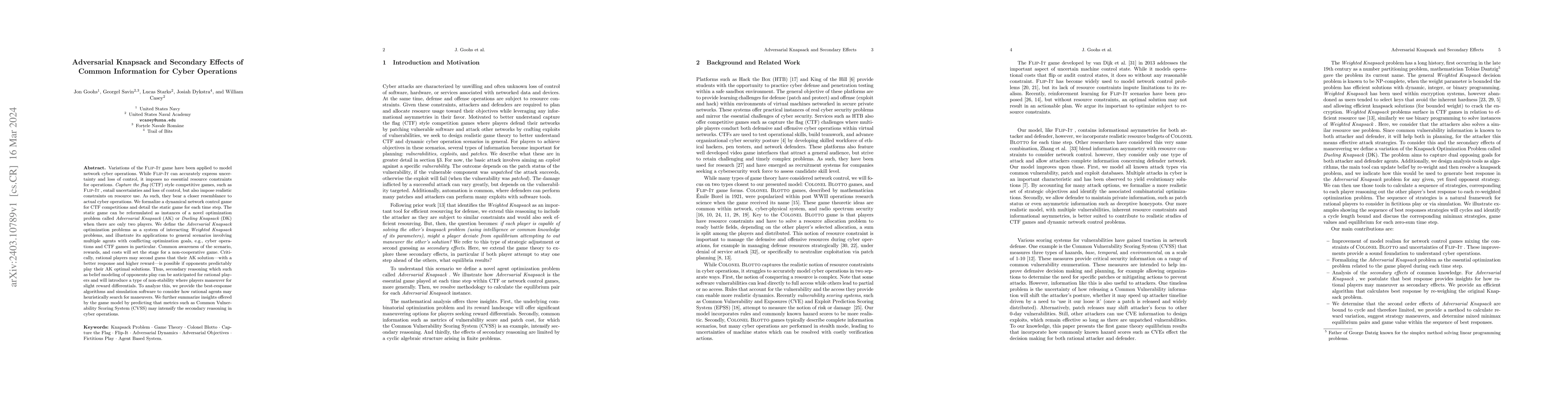 Thumbnail for Adversarial Knapsack and Secondary Effects of Common Information for
  Cyber Operations