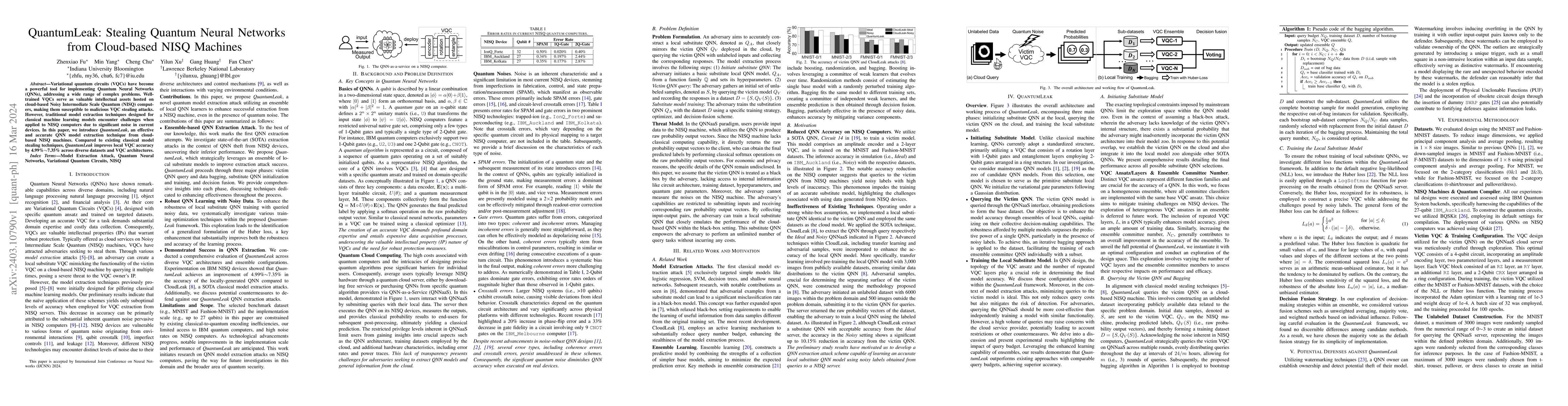 Thumbnail for QuantumLeak: Stealing Quantum Neural Networks from Cloud-based NISQ
  Machines