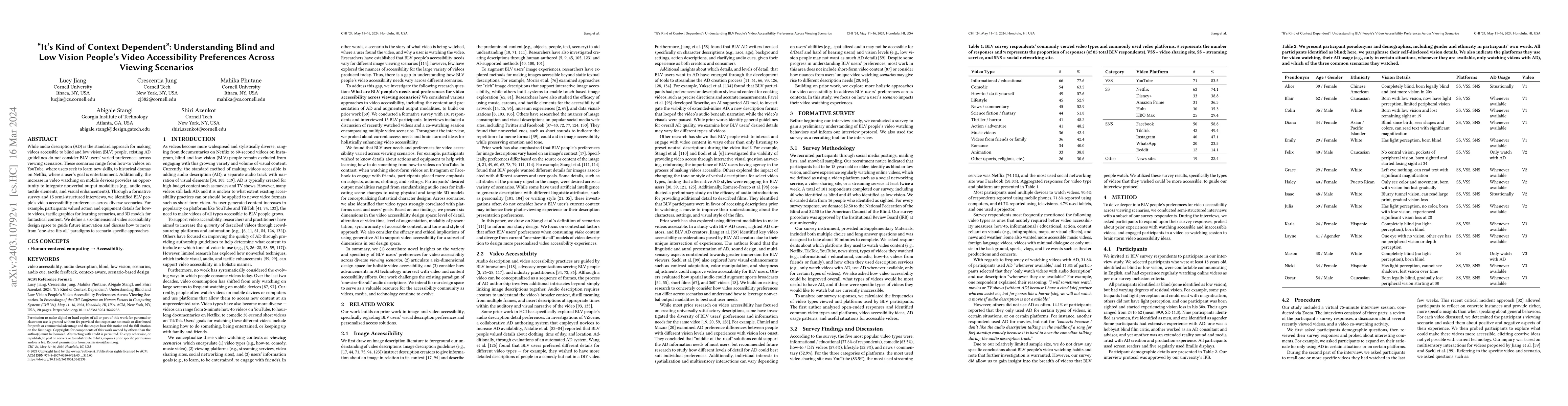 Thumbnail for "It's Kind of Context Dependent": Understanding Blind and Low Vision
  People's Video Accessibility Preferences Across Viewing Scenarios