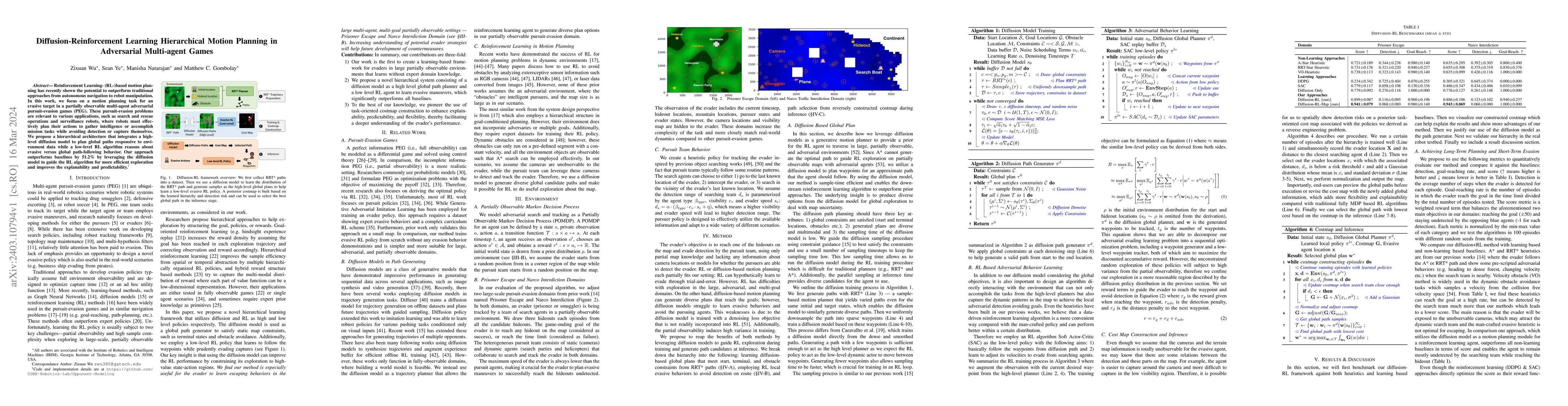 Thumbnail for Diffusion-Reinforcement Learning Hierarchical Motion Planning in
  Adversarial Multi-agent Games
