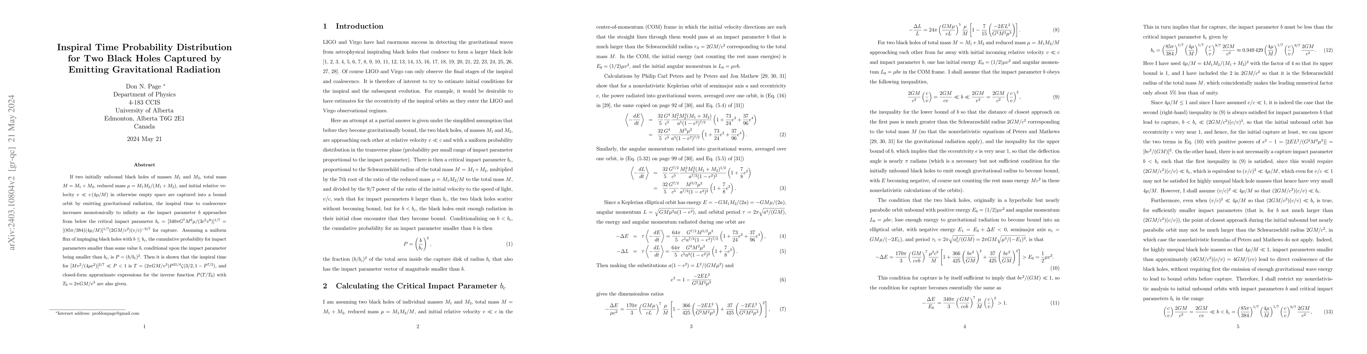 Thumbnail for Inspiral Time Probability Distribution for Two Black Holes Captured by
  Emitting Gravitational Radiation