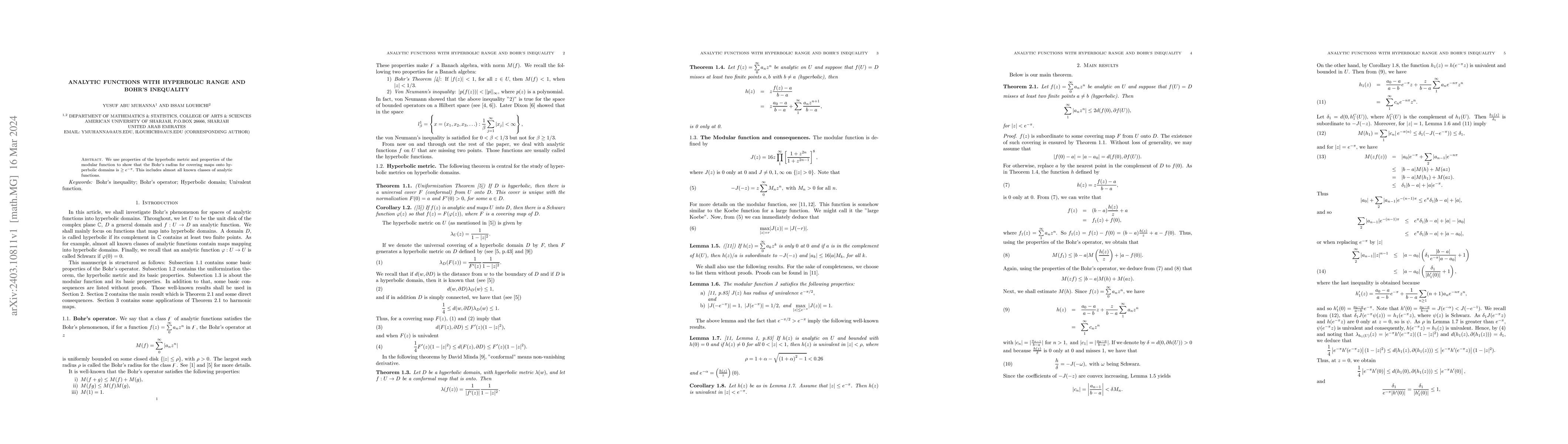 Thumbnail for Analytic functions with hyperbolic range and Bohr's inequality