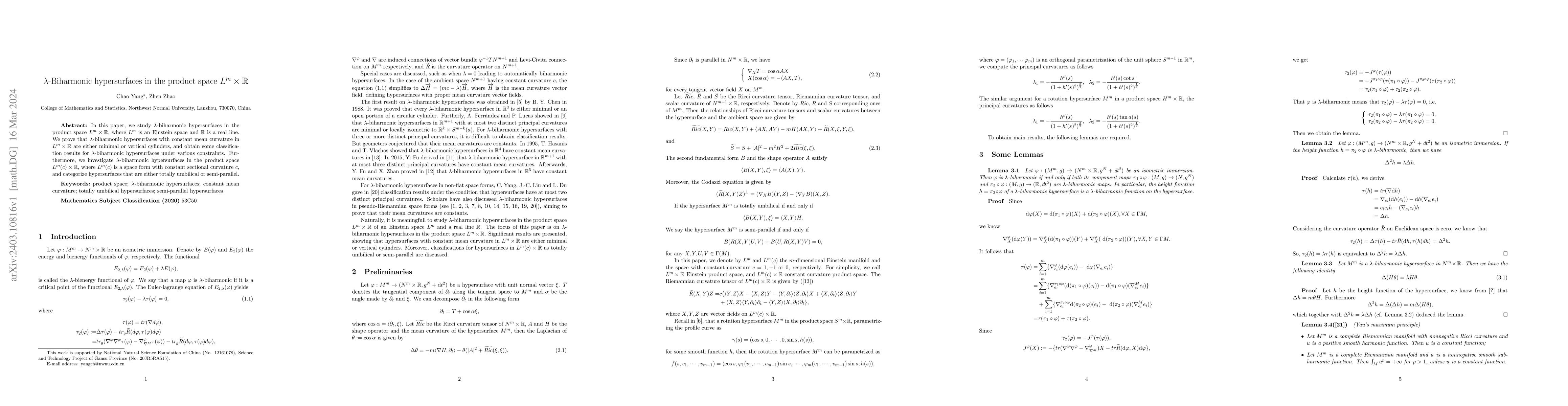 Thumbnail for \lambda-Biharmonic hypersurfaces in the product space L^{m}\times
  \mathbb{R}