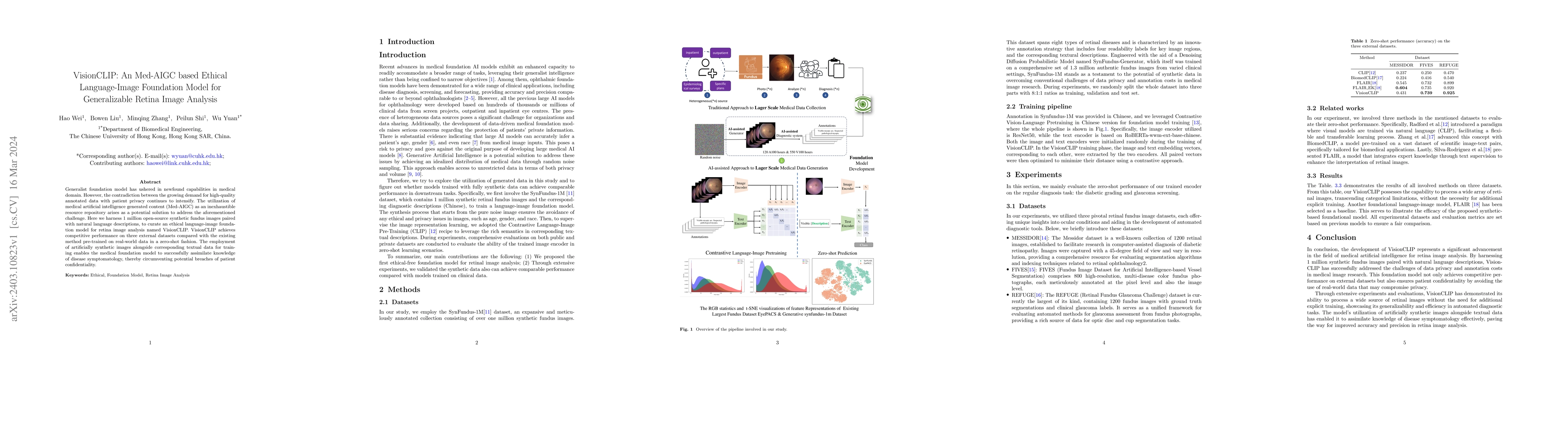 Thumbnail for VisionCLIP: An Med-AIGC based Ethical Language-Image Foundation Model
  for Generalizable Retina Image Analysis