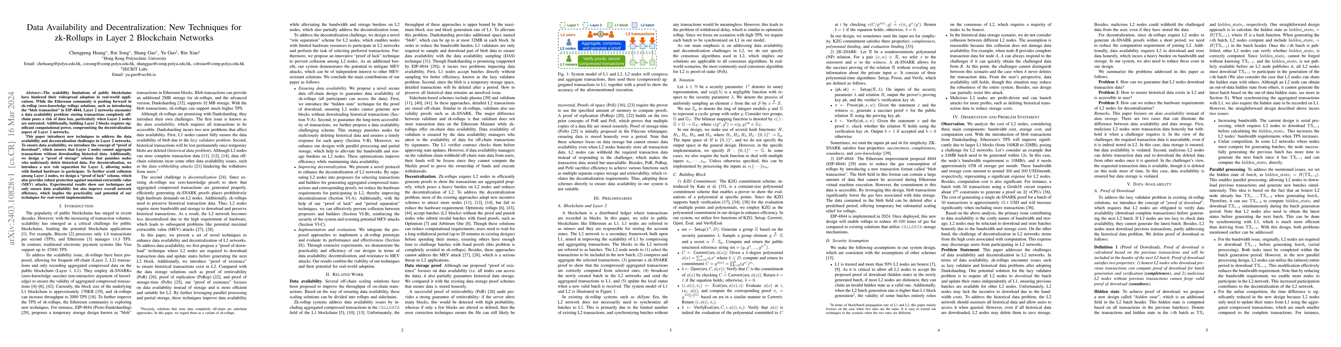 Thumbnail for Data Availability and Decentralization: New Techniques for zk-Rollups in
  Layer 2 Blockchain Networks