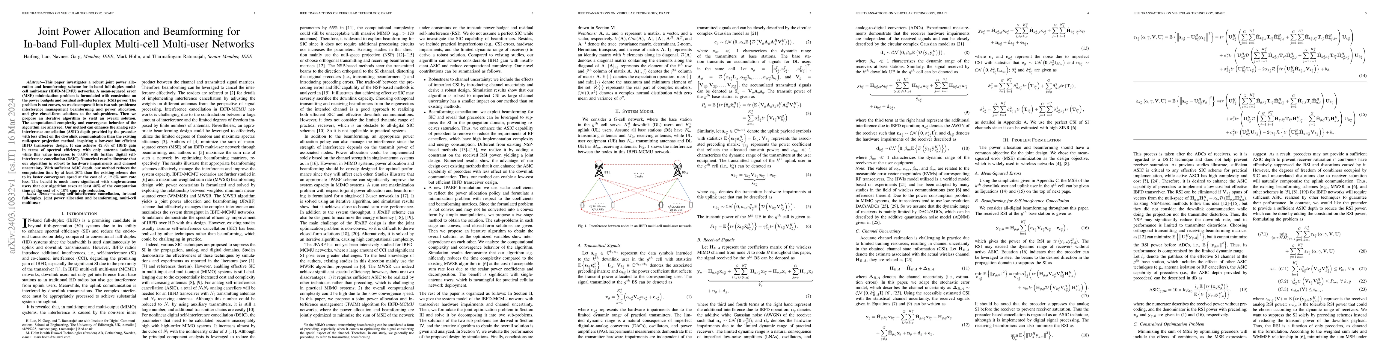 Thumbnail for Joint Power Allocation and Beamforming for In-band Full-duplex
  Multi-cell Multi-user Networks