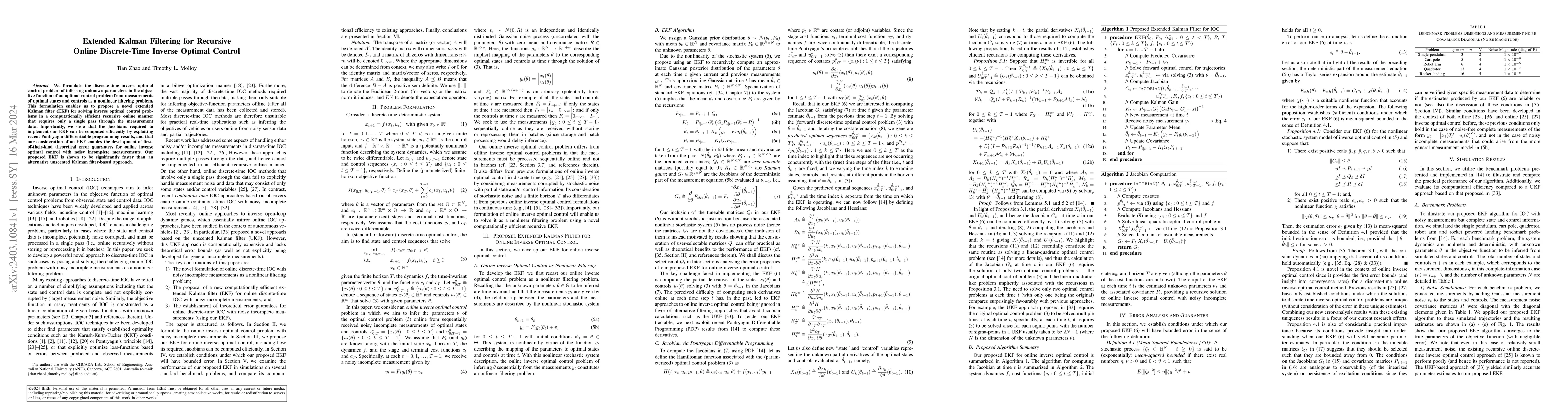 Thumbnail for Extended Kalman Filtering for Recursive Online Discrete-Time Inverse
  Optimal Control