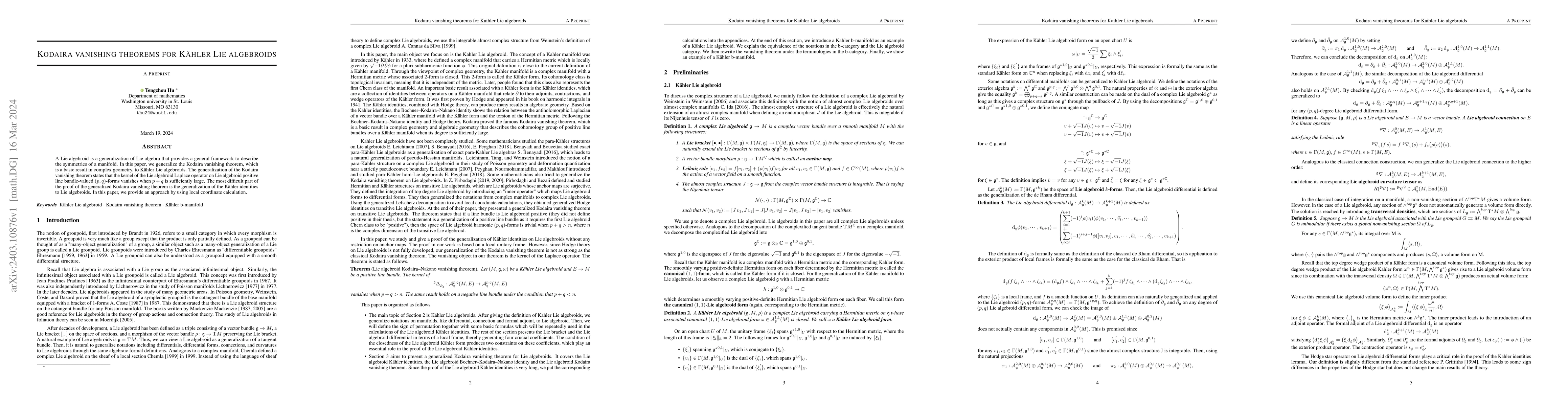Thumbnail for Kodaira vanishing theorems for Kahler Lie algebroids