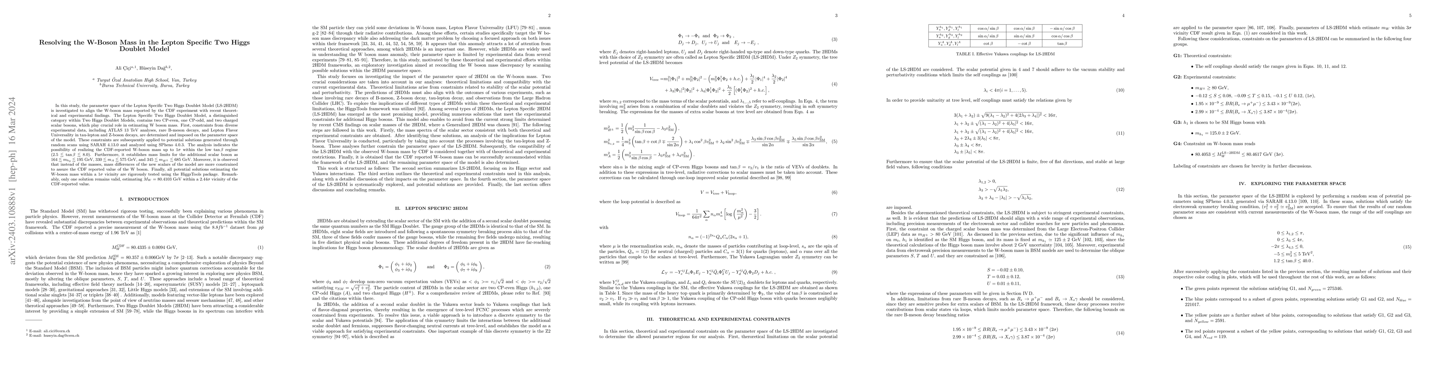 Thumbnail for Resolving the W-Boson Mass in the Lepton Specific Two Higgs Doublet
  Model