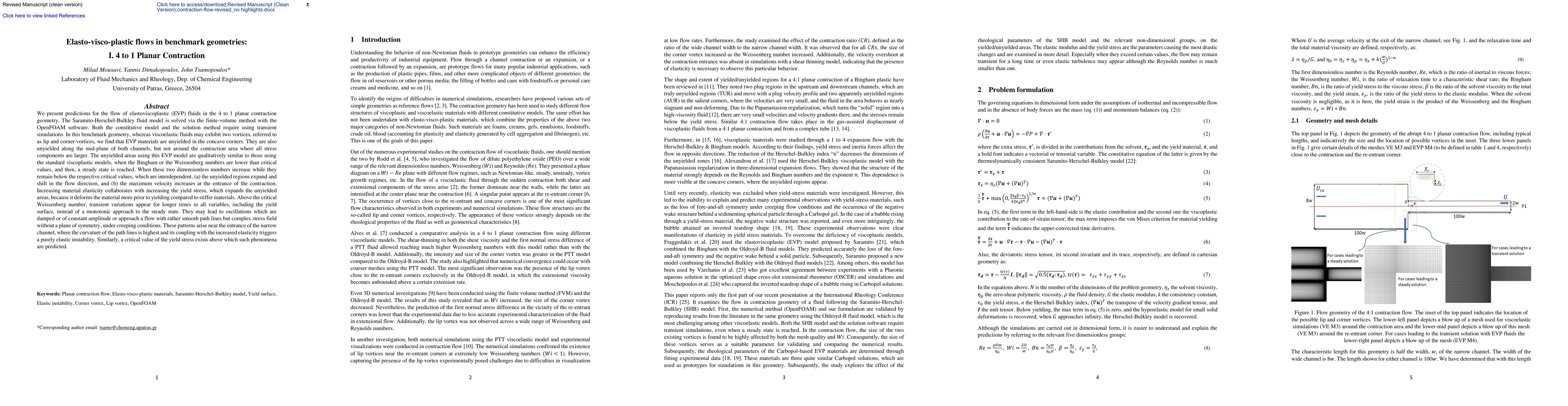 Thumbnail for Elasto-visco-plastic flows in benchmark geometries: I. 4 to 1 Planar
  Contraction