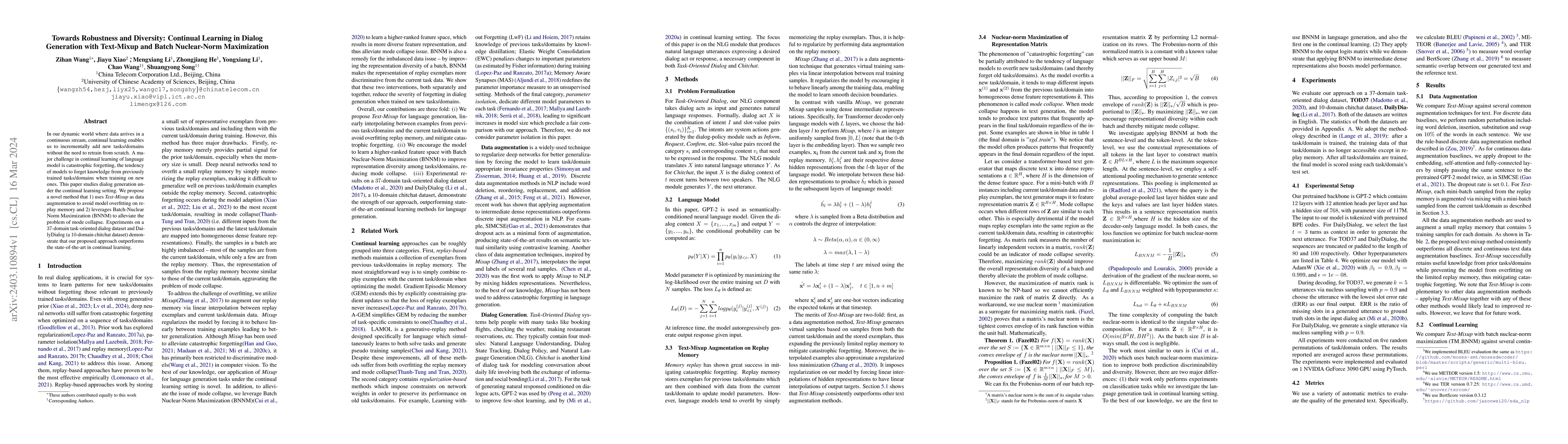 Thumbnail for Towards Robustness and Diversity: Continual Learning in Dialog
  Generation with Text-Mixup and Batch Nuclear-Norm Maximization